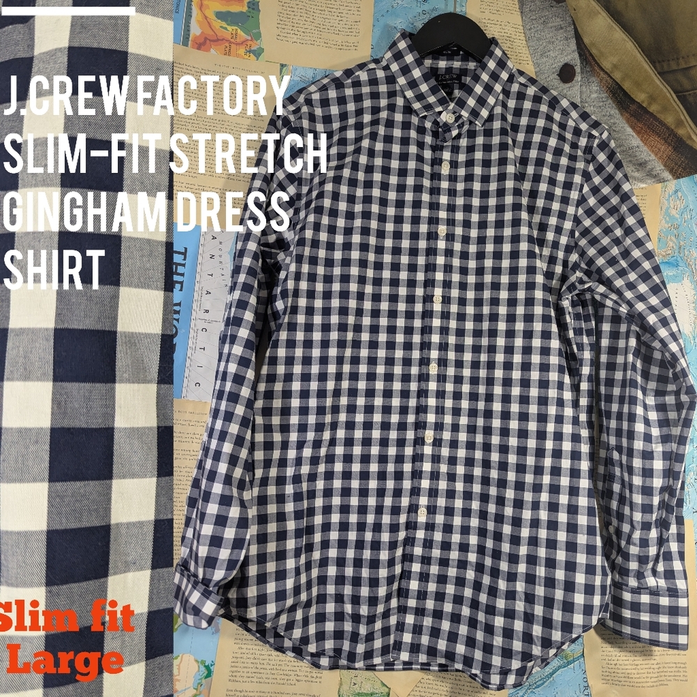J. Crew Factory Navy Gingham Flex Dress Shirt (Stretchy!)